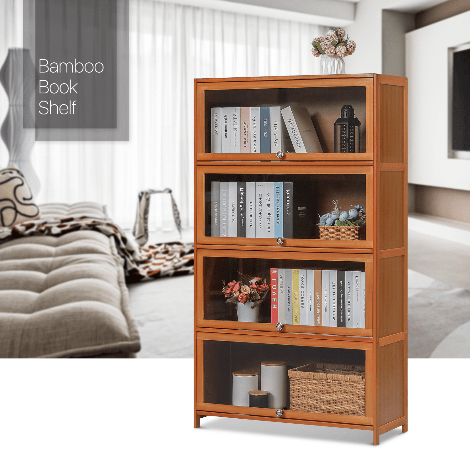 MoNiBloom Bamboo/Acrylic 4 Shelves Bookshelf with Door, Books Toys Storage Bookcase, Brown, for Home