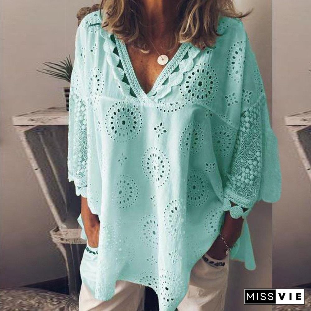 Women blouse Hollow Out  Lace Patchwork tops women plus size 5xl Tops