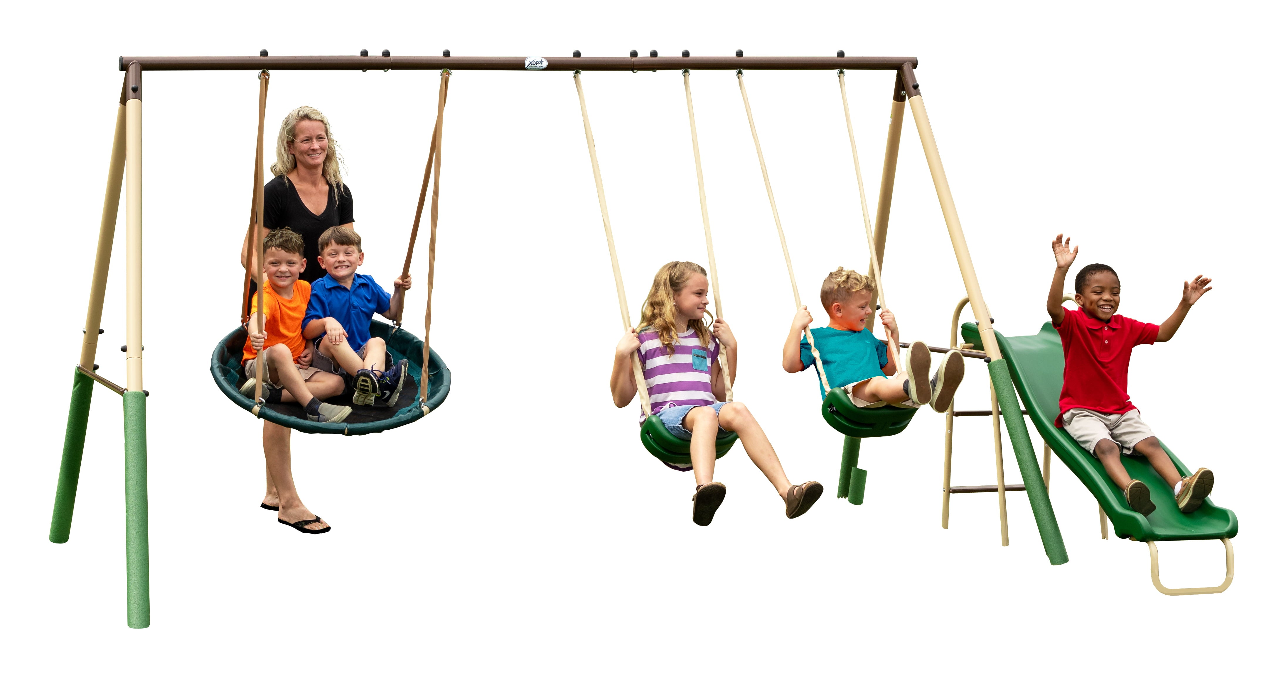 XDP Recreation Super Disc Swing™ Set with Steel Constructed Frame， Swings， and Slide