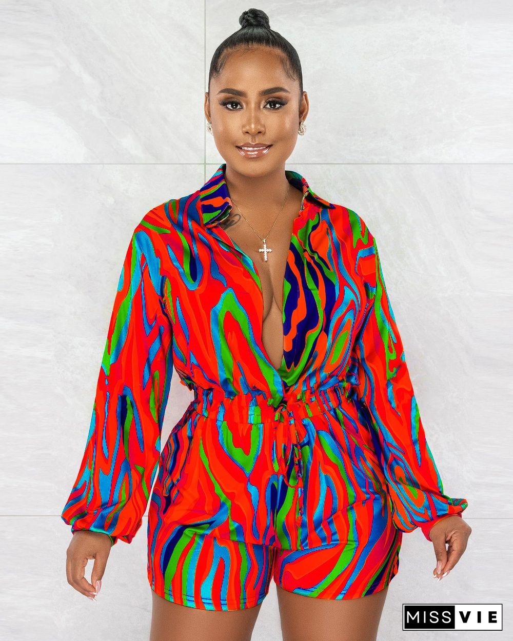 Turn Down Collar Causal Long Sleeve Print Rompers