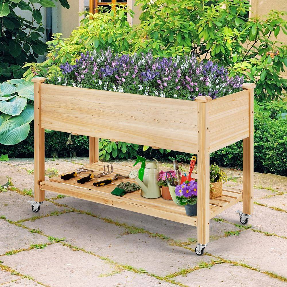 HONEY JOY Wood Elevated Garden Bed with Storage Shelf Wheels and Liner Suitable for Vegetable Flower Herb TOPB004699