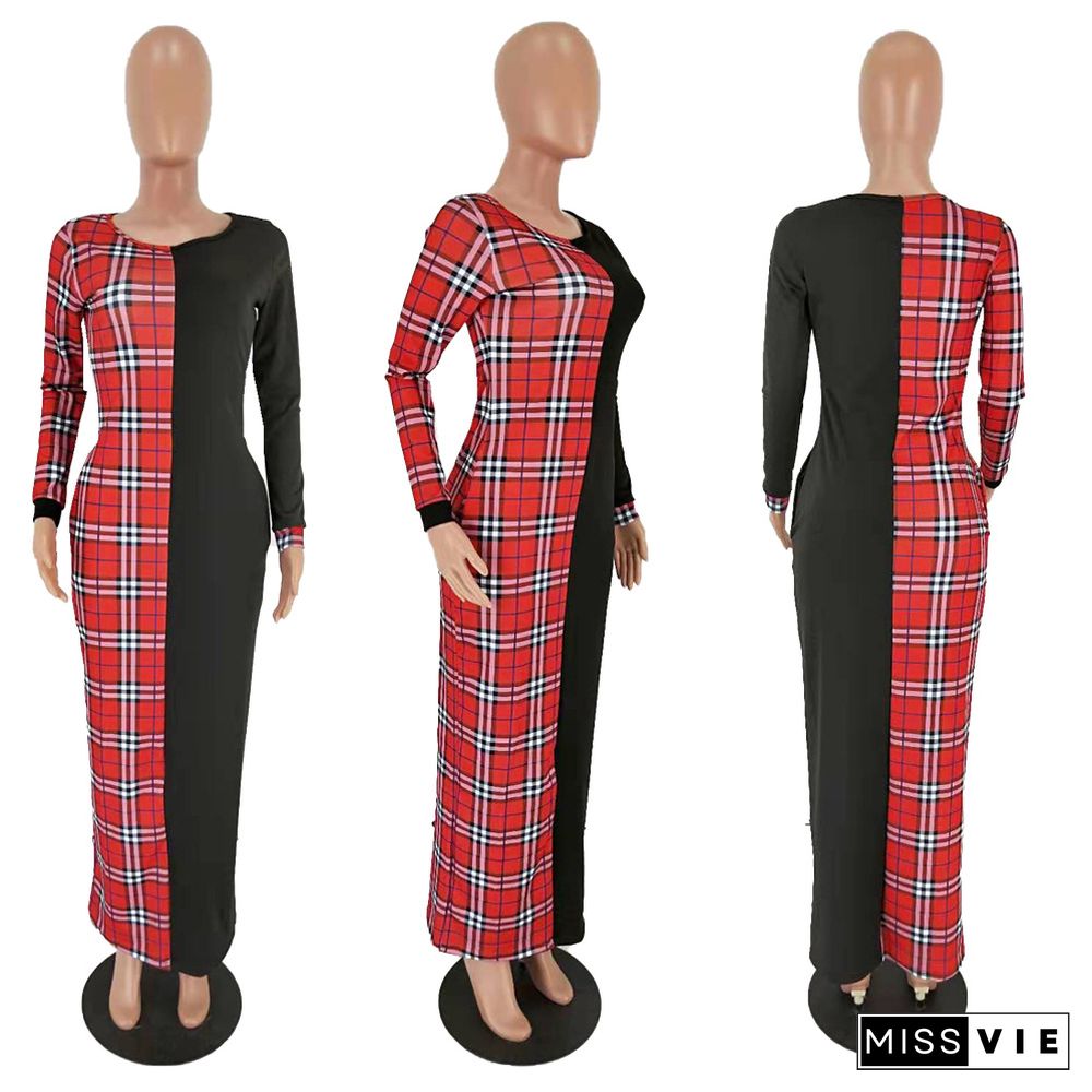 Stylish Plaid Printed Patchwork Skinny Ankle-length Maxi Dress