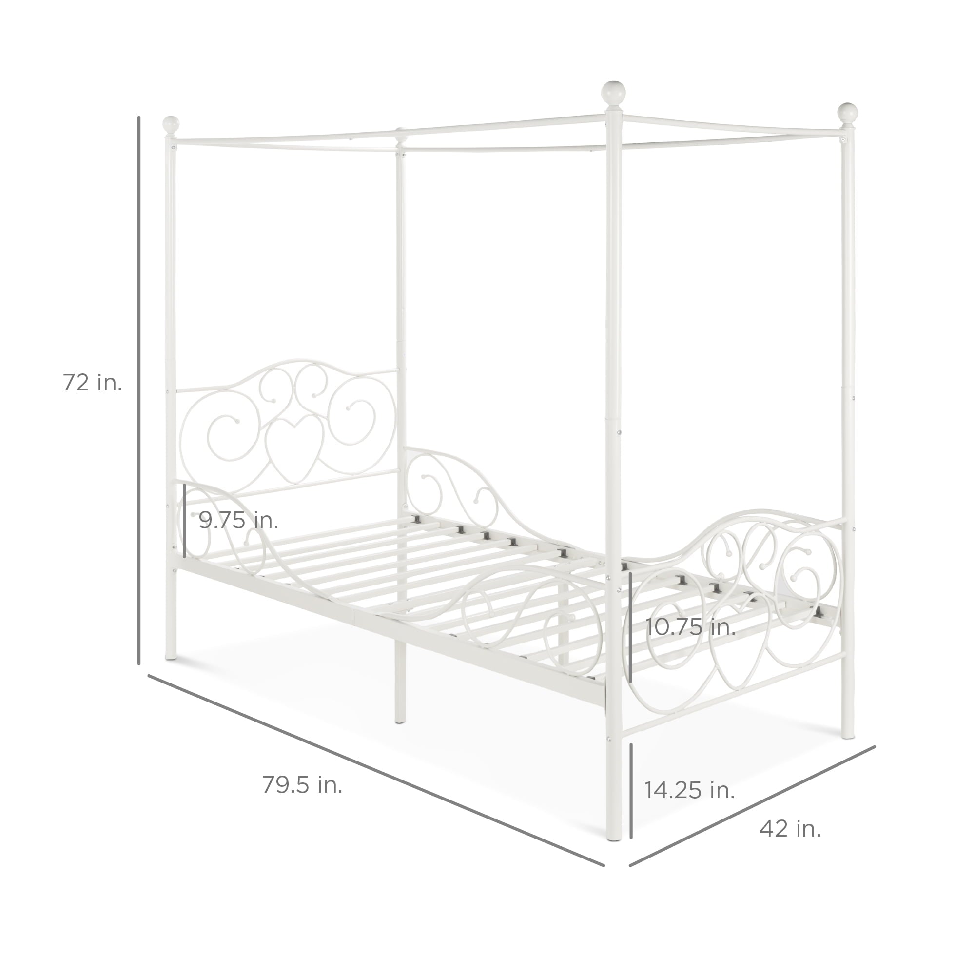 Best Choice Products 4-Post Metal Canopy Twin Bed Frame w/ Heart Scroll Design, 14 Slats, Headboard, Footboard - White