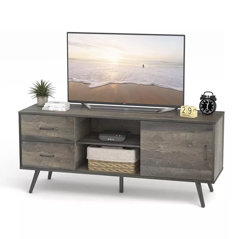 Year Color Mid-Century Industrial Modern TV Stand with Sliding Doors and Two Drawers for 55/60 Inch TV