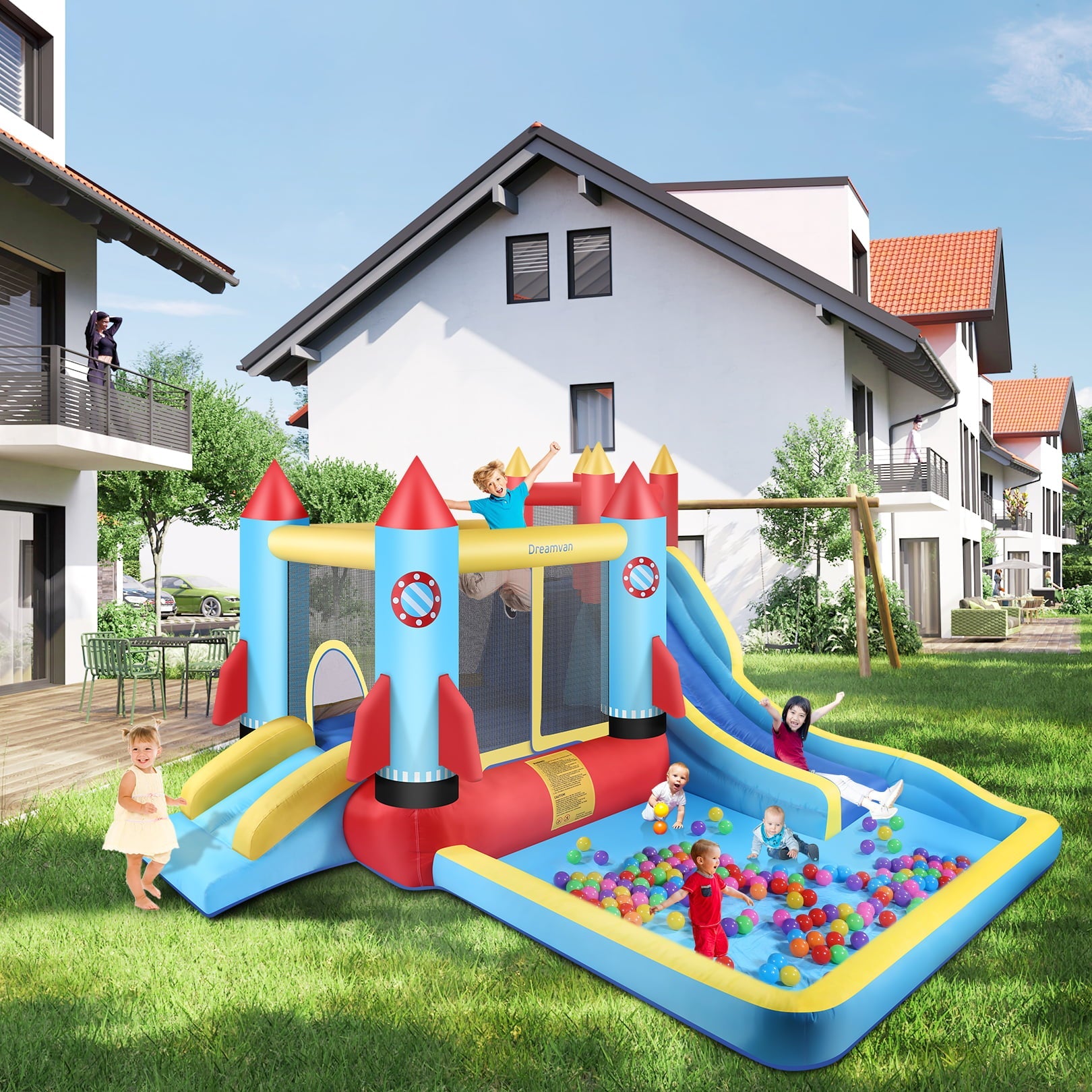 146''x 132'' x 82'' Inflatable Bounce Houses for Kids 3-12 with Blower Double Slide Climbing Wall and Ball Pit/Large Pool Outdoor/Indoor Bouncy House