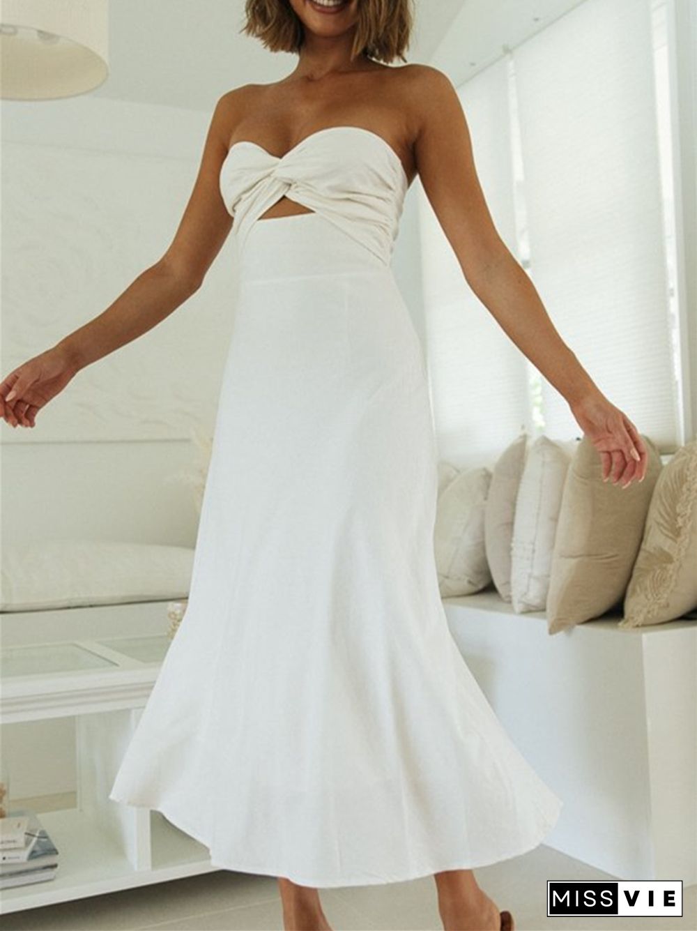 Solid Strapless Backless Waist Long Dress