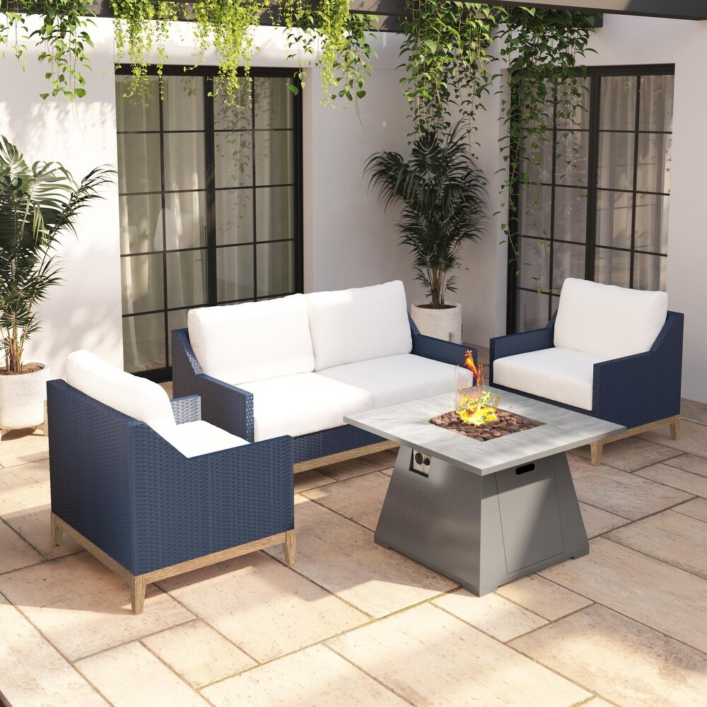 4 Piece Outdoor Wicker Conversation Set with Fire Pit Table