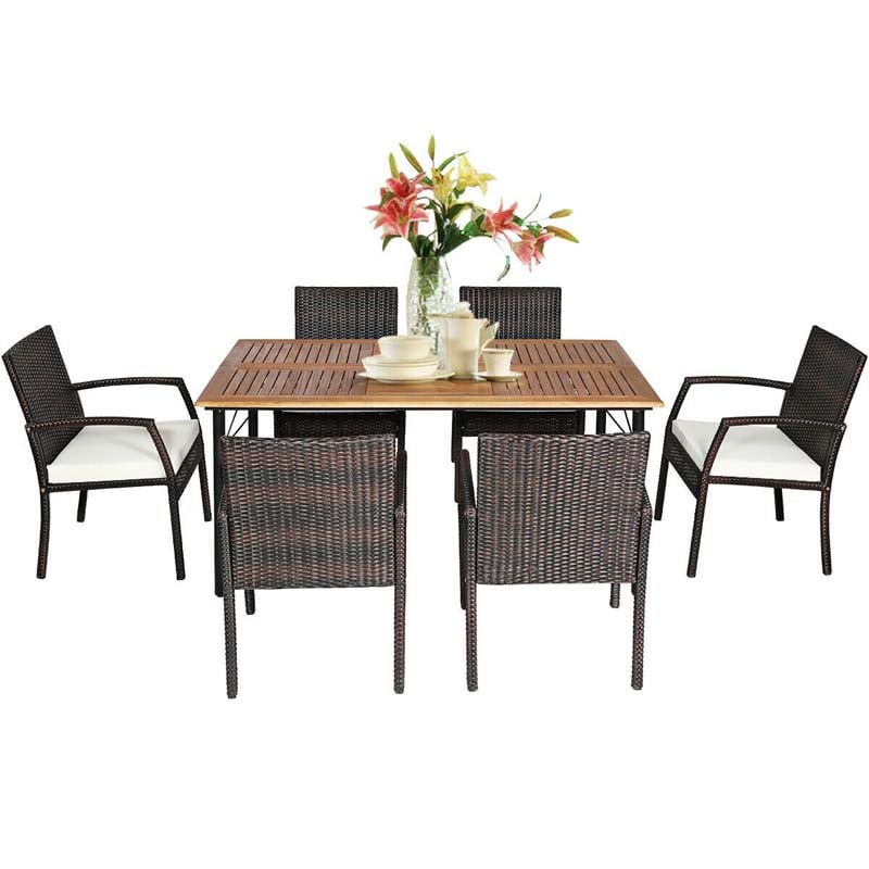 7 Pcs Rattan Patio Dining Set with Umbrella Hole, Acacia Wood Tabletop, Cushioned Chairs