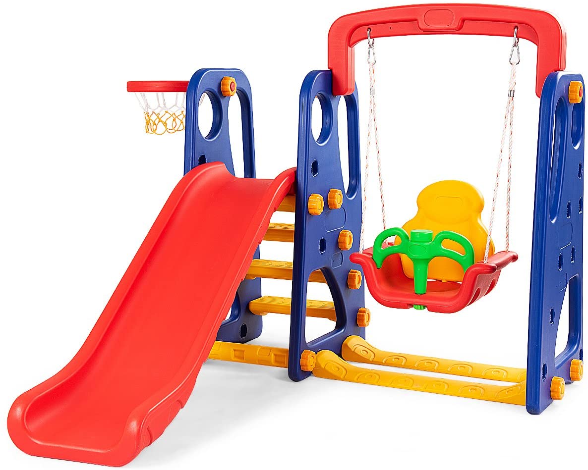 Costzon Toddler Climber and Swing Set, 4 in 1 Climber Slide Playset w/Basketball Hoop