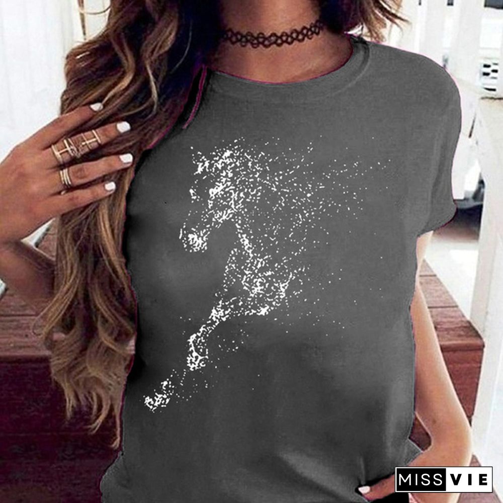 Cute Horse Print T Shirts for Women Summer Short Sleeved Tees Top Women's Round Neck Graphic Tshirts Casual Wear; Loose Fit Tees Woman Blouse Vestidos Mujer