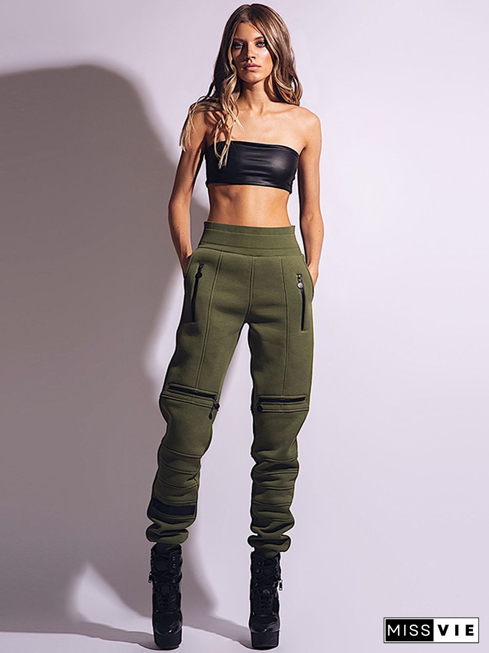 Stylish High-Waisted Solid Color Zipper Casual Sports Pants