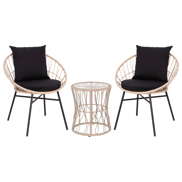 Flash Furniture Devon 3 piece Indoor outdoor Bistro Set Papasan Style Rattan Rope Chairs Glass Top Side Table amp Cushions