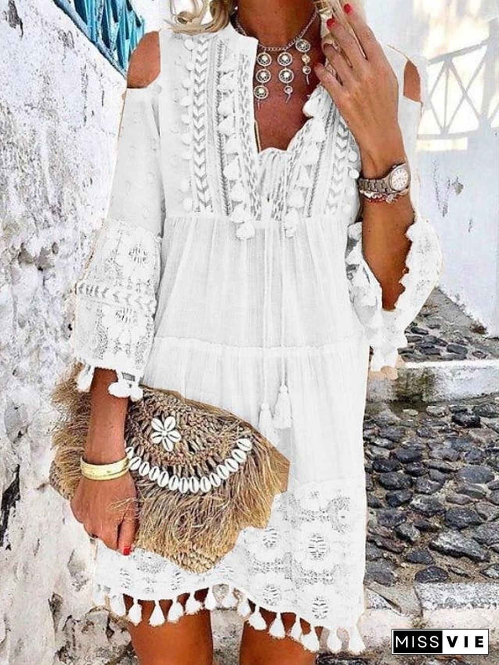 Women's Shift Dress Short Mini Dress - 3/4 Length Sleeve Tassel Fringe Lace Cold Shoulder Summer Hot Casual Boho vacation dresses White Blue Yellow Beige Light Blue S M L XL XXL 3XL-0208808