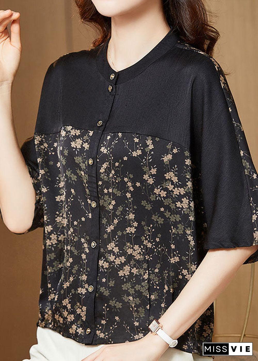 Small Floral Print Patchwork Silk T Shirts O Neck Summer