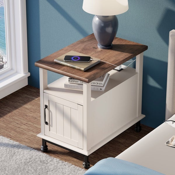 WAMPAT End Table with Charging Station，Nightstand with Drawer