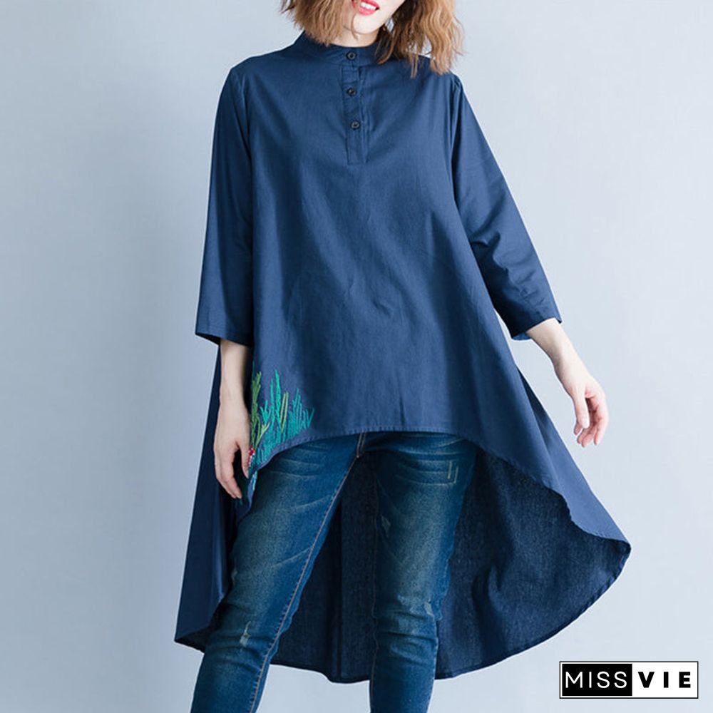 Style navy linen cotton tunics for women Casual Neckline asymmetric Art shirt Dresses