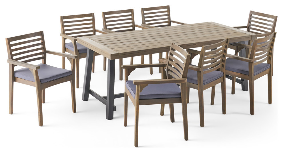 Phyllis Outdoor Acacia Wood 8 Seater Dining Set   Transitional   Outdoor Dining Sets   by GDFStudio  Houzz