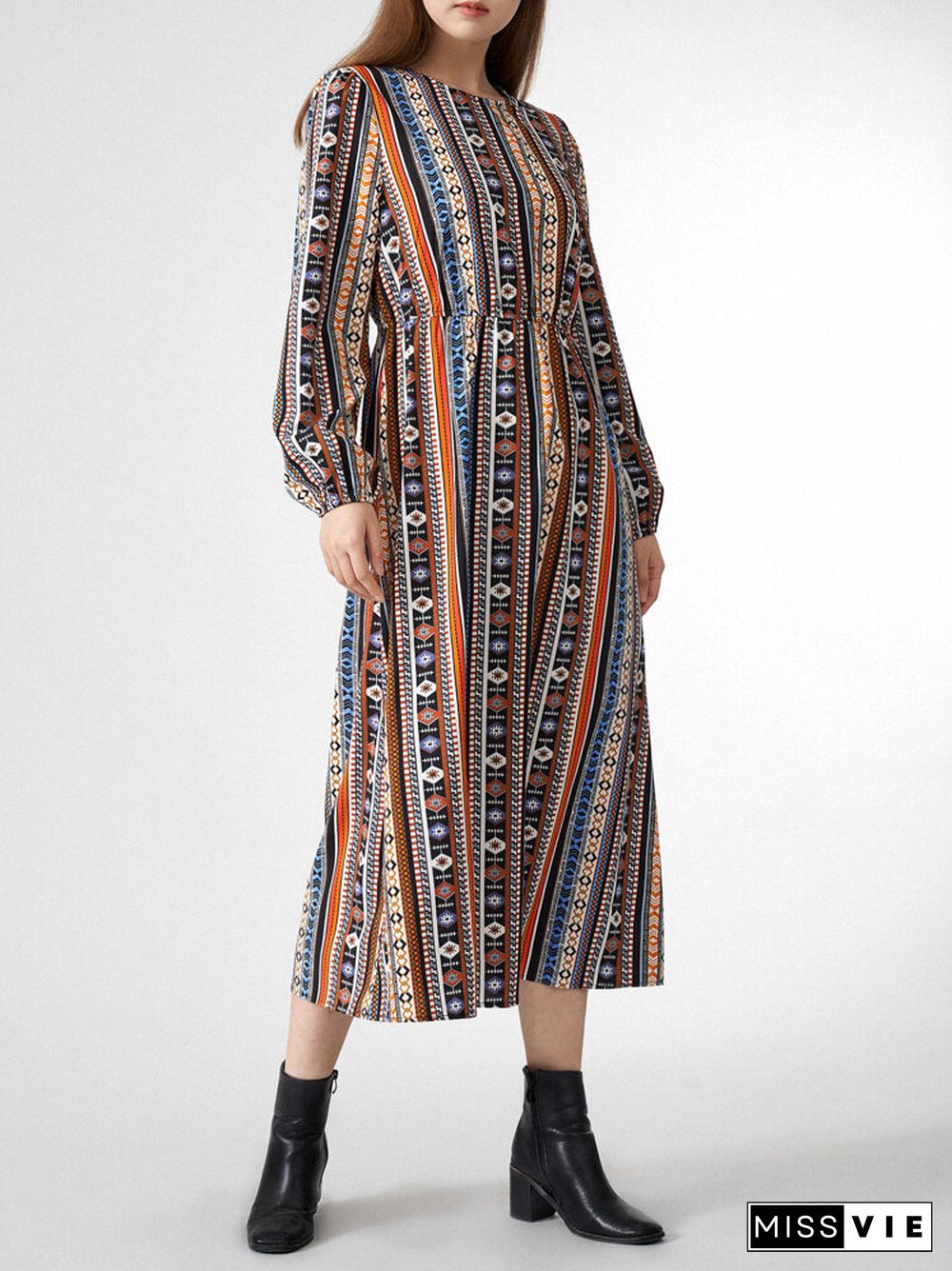 Tribal Pattern Long Sleeve Crew Neck Dress For Women