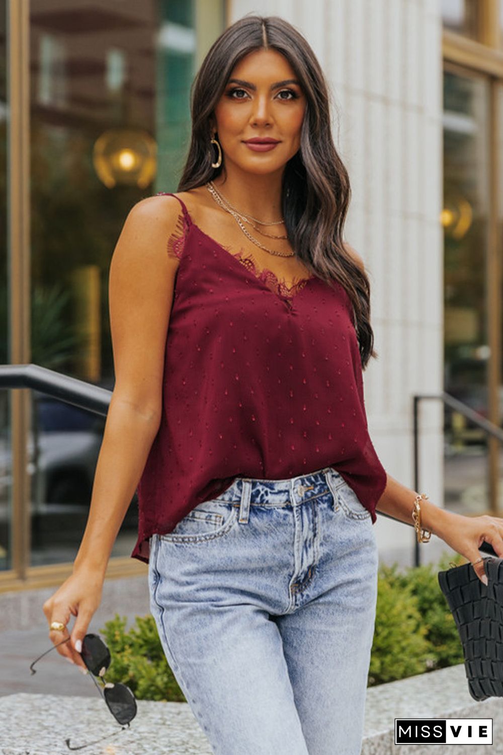 Red Eyelash Lace Trim Textured Cami Top