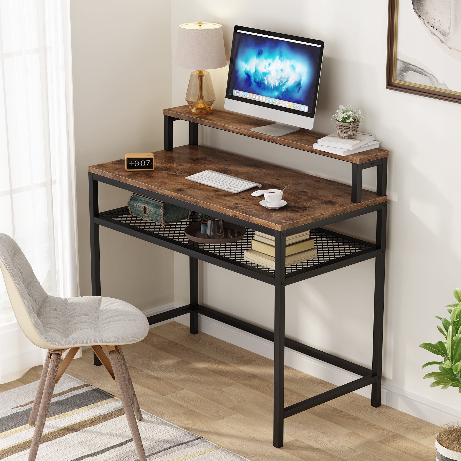 Industrial Computer Desk Writing Desk with Monitor Stand