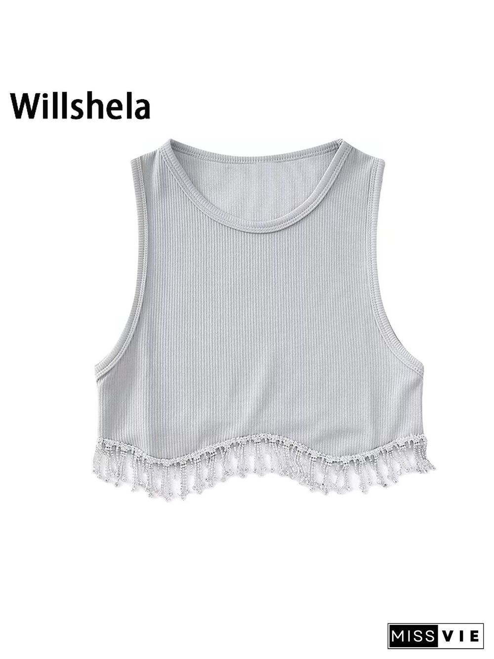 Women Fashion Camis With Beading Hem Cropped Sleeveless Vest Vintage O Neck Female Chic Lady Crop Tank Tops