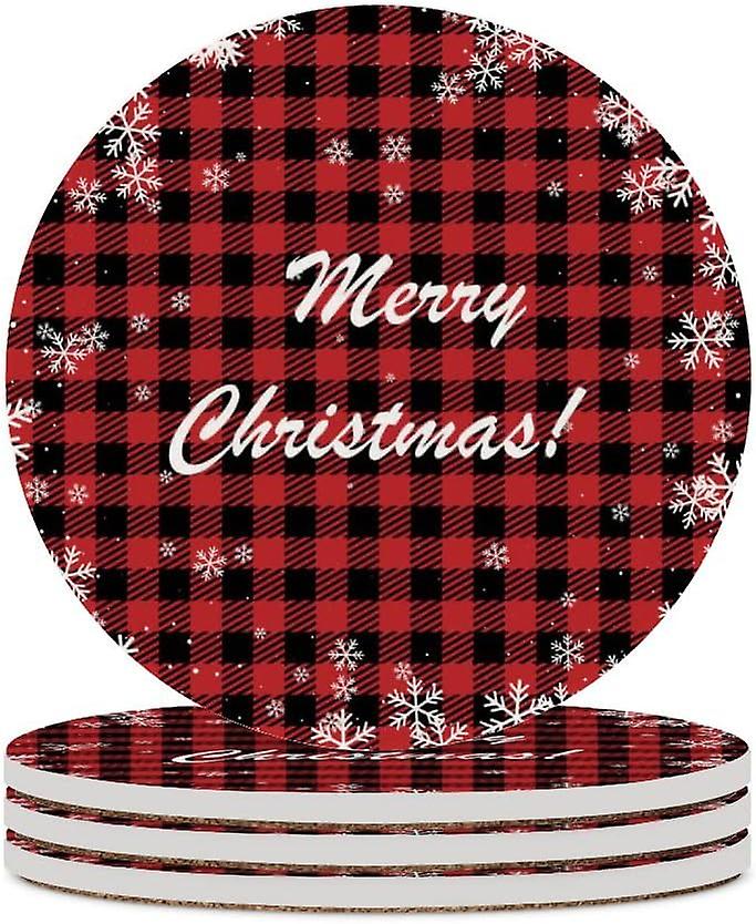 4pcs Round Merry Christmas At Buffalo Plaid Ceramic Coasters With Cork-backed For Coffee Drink Cup Mat Absorbent Stone Coasters