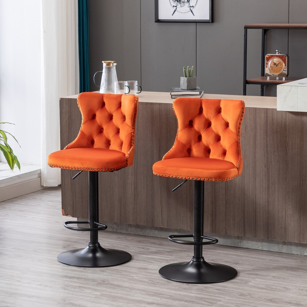 Kitchen Island Barstools Set of 2 Bar Chairs Orange Velvet Bar Stools Table Stools with Nailhead Trim and Footrest Armless Stool