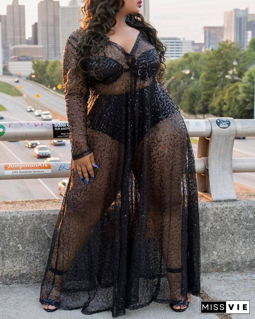 Plus Size Sheer Mesh Maxi Dress P14076