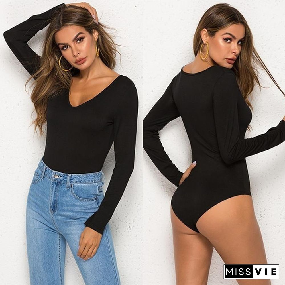 Women's Fashion Sexy black Army green Bodysuit Women Long Sleeve Jumpsuit Leotard Bottoming Tops Shirts