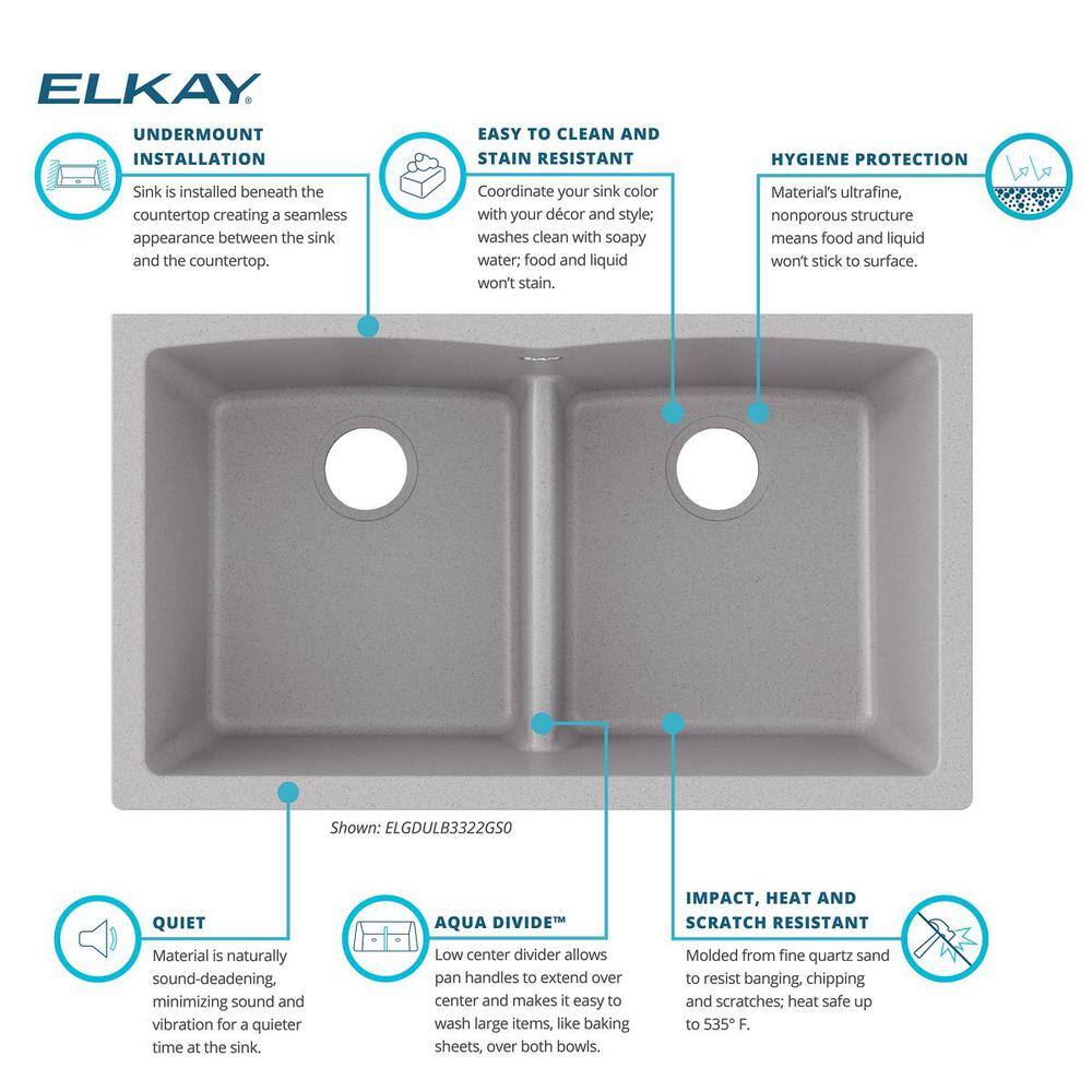 Elkay Quartz Classic Greystone Quartz 33 in. Equal Double Bowl Undermount Kitchen Sink with Aqua Divide ELGDULB3322GS0