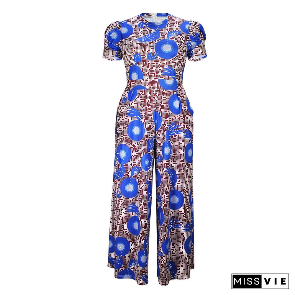 Plus Size Printed Short Sleeve Loose Wide Leg Jumpsuit