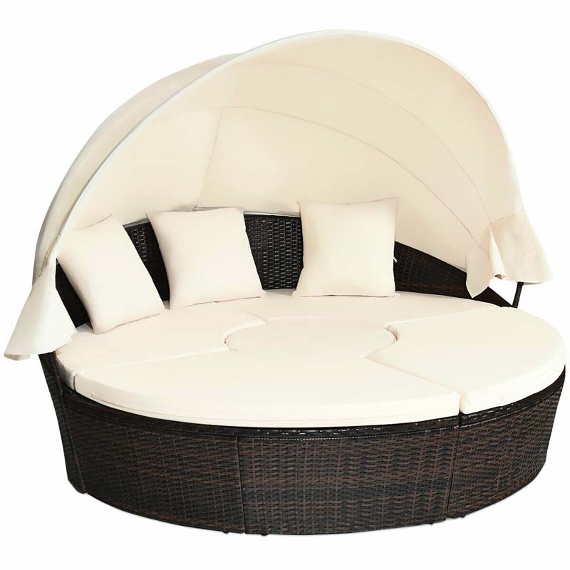 Rattan Wicker Patio Round Daybed with Retractable Canopy & Coffee Table, Outdoor Sectional Furniture Sofa Set