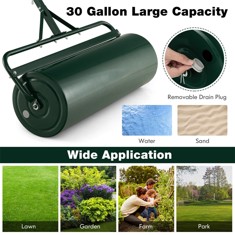 Push/Tow-Behind Lawn Roller with Detachable Handle 30 Gallon Water/Sand-Filled Sod Drum Roller for Garden Yard Park Farm