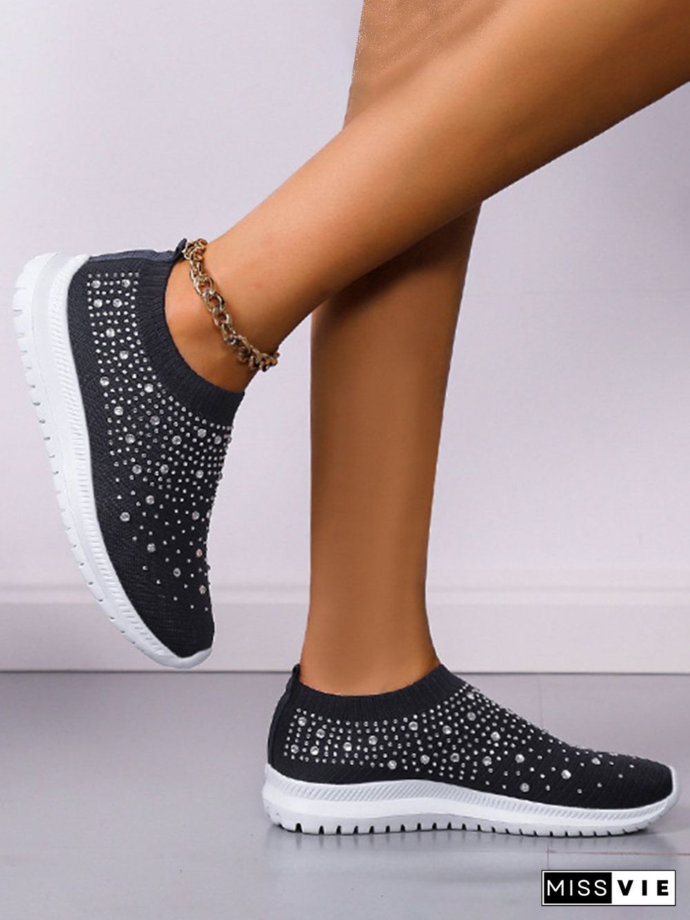 Rhinestone Design Portable Overfoot Lightweight Flyknit Sneakers