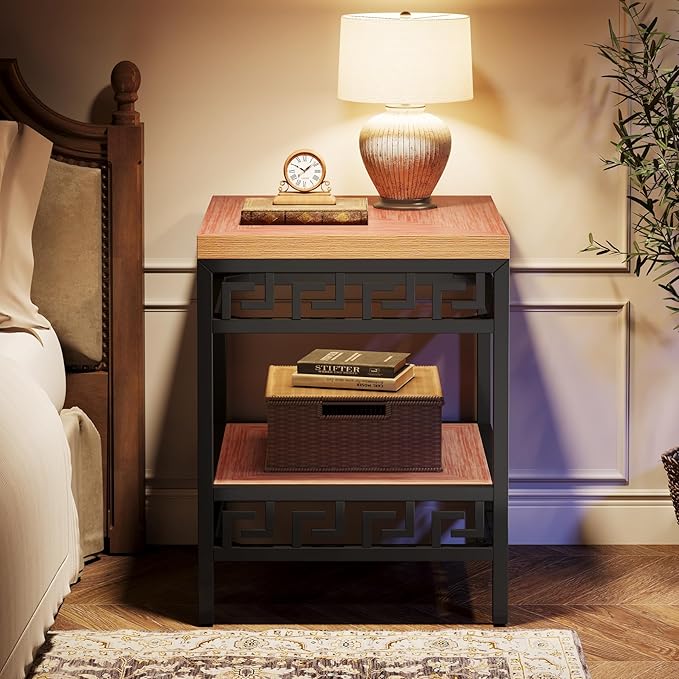 2-Tier End Table, Wood Sofa Side Table with Metal Carving