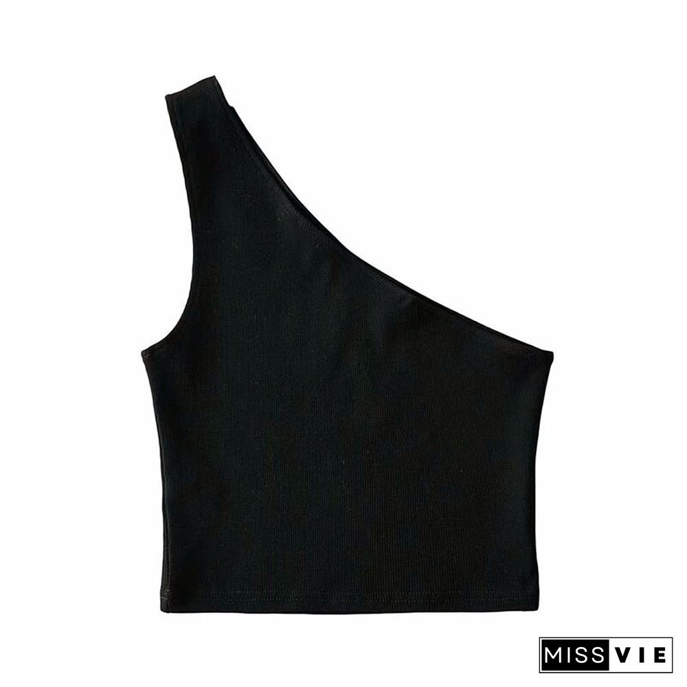 One Shoulder Cropped Tanks Top Women Summer Sleeveless Tanks Camis Sexy Oblique Collar Elastic Corset Slim Crop Tops Tube Lady