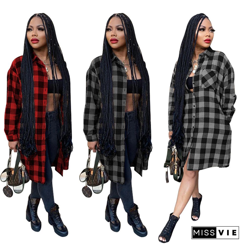 Plaid Print Long Sleeve Shirt Midi Dress