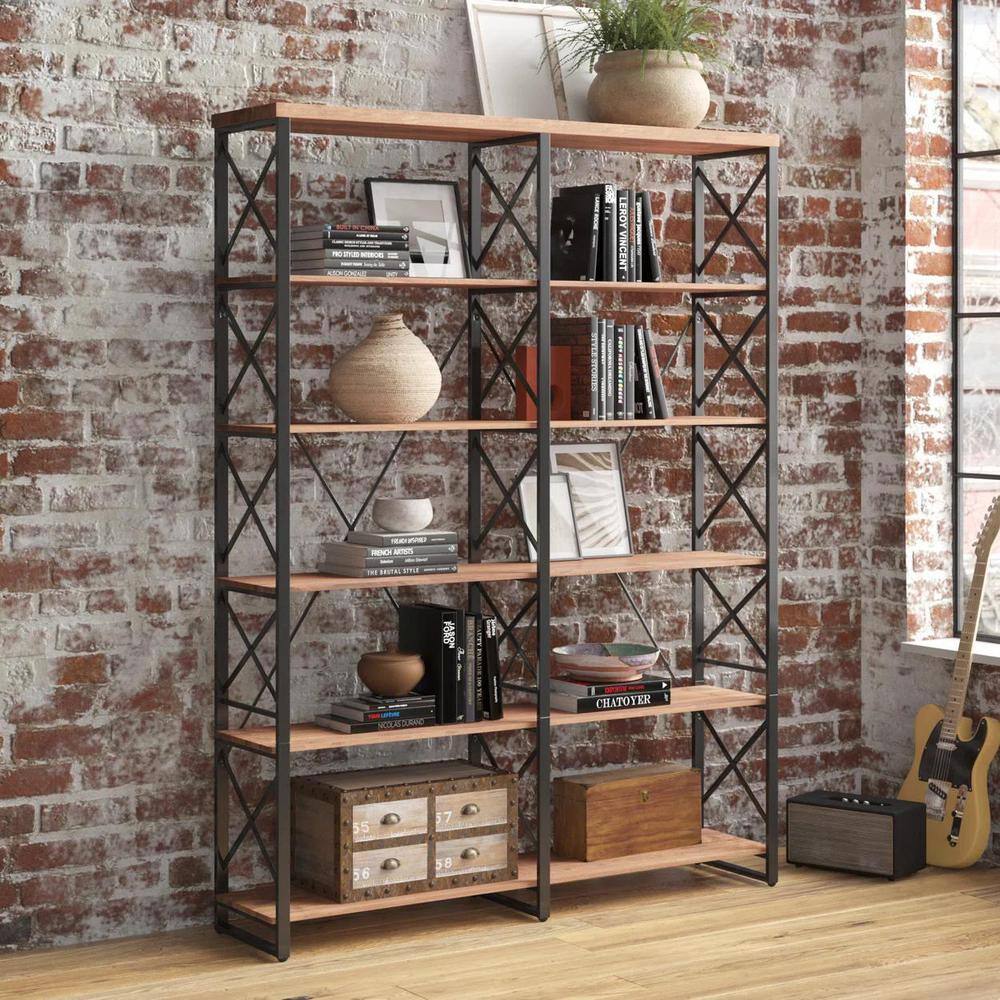 KINWELL 80 in. Brown Vintage Wood 6-Shelf Etagere Bookcase with Black Metal Frame MDBS006A