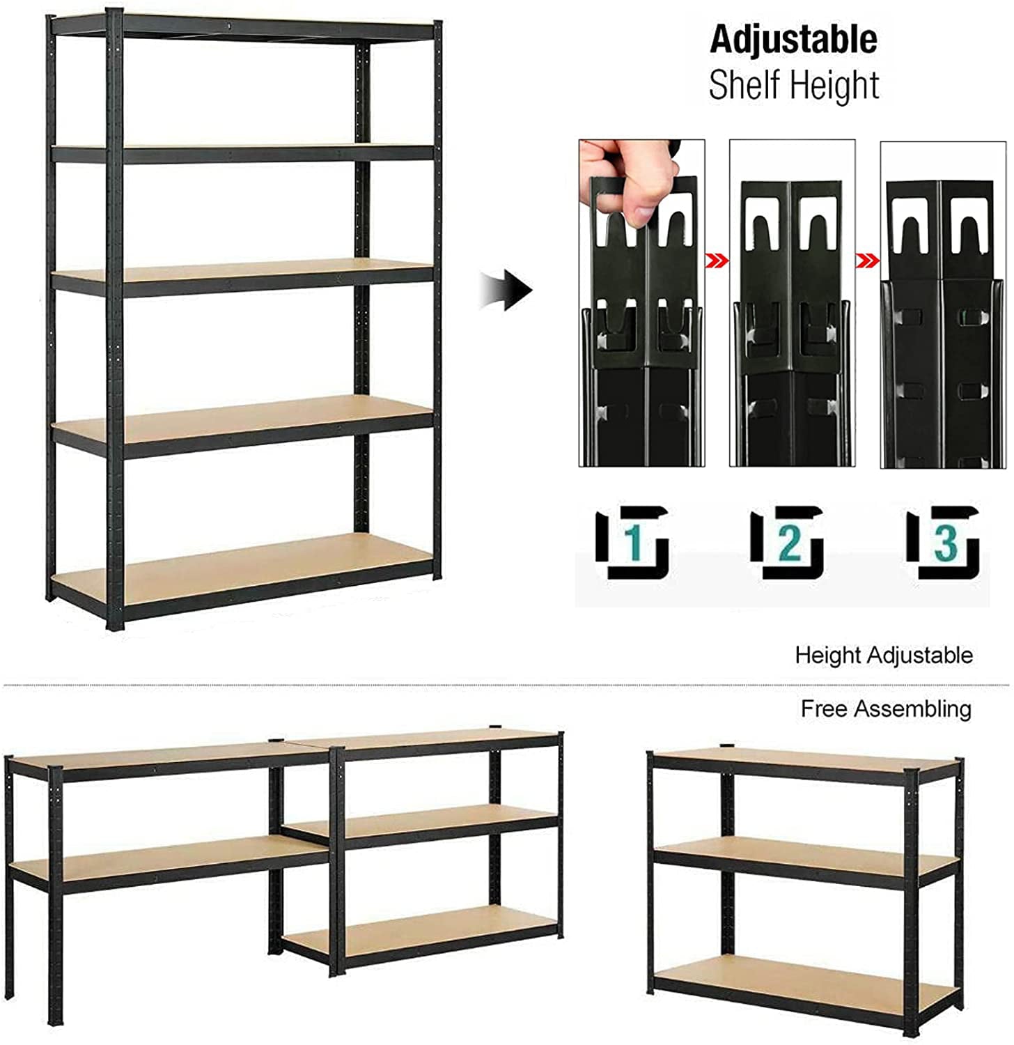 Bowoshen 5-Tier Heavy Duty Metal Shelving Shelves, 70"x35"x16" Racking Storage Unit, Black Garage Shed