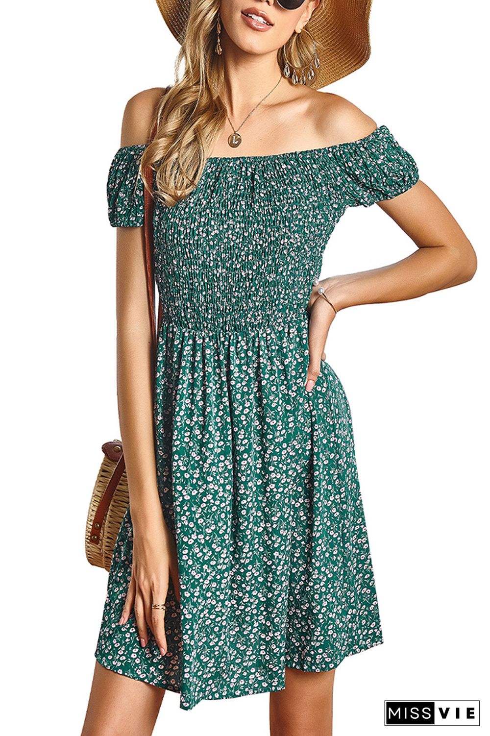 Off Shoulder Short Sleeve Floral Dress Wholesale