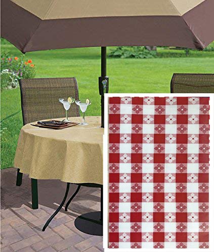 Newbridge Bistro Tavern Check Vinyl Flannel Backed Tablecloth - Cafe Checkered Indoor/Outdoor Vinyl Picnic, BBQ and Dining Tablecloth - 70? Zippered Umbrella Round, Red