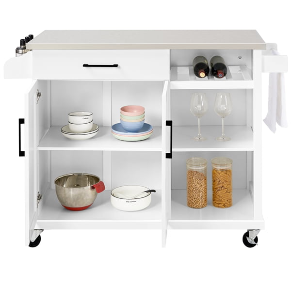 Easyfashion Rolling Kitchen Island Cart with Stainless Steel Top and Storage， White