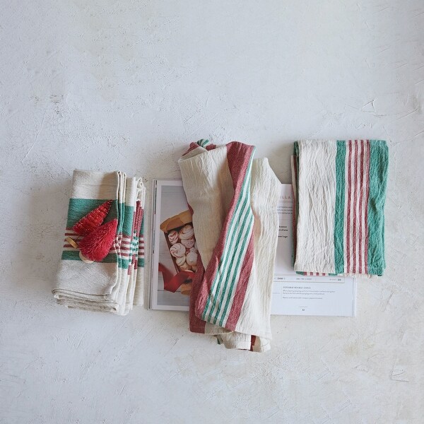 Cotton Napkins with Stripes and Jute and Wood Ring Tie，Set of 4