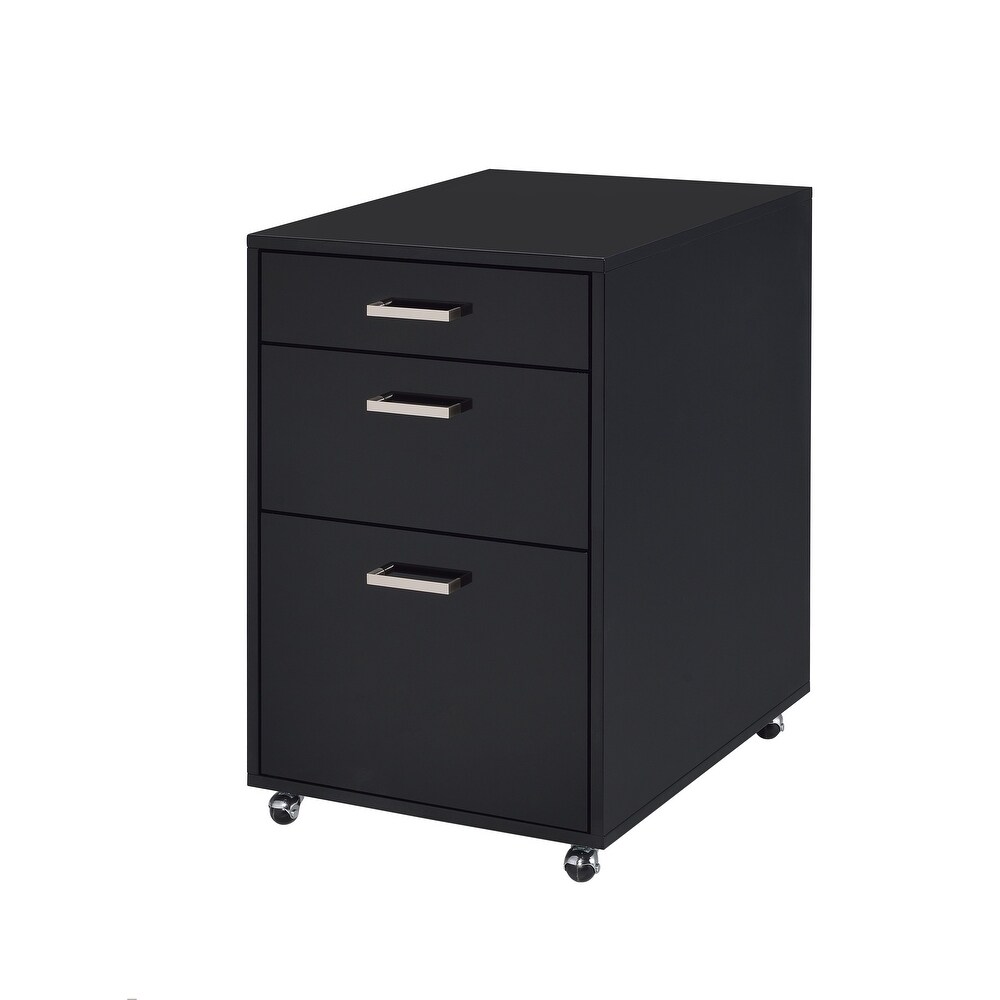 Black Wooden Filing Cabinet with Three Drawers and Wheels   Home and Office Organization