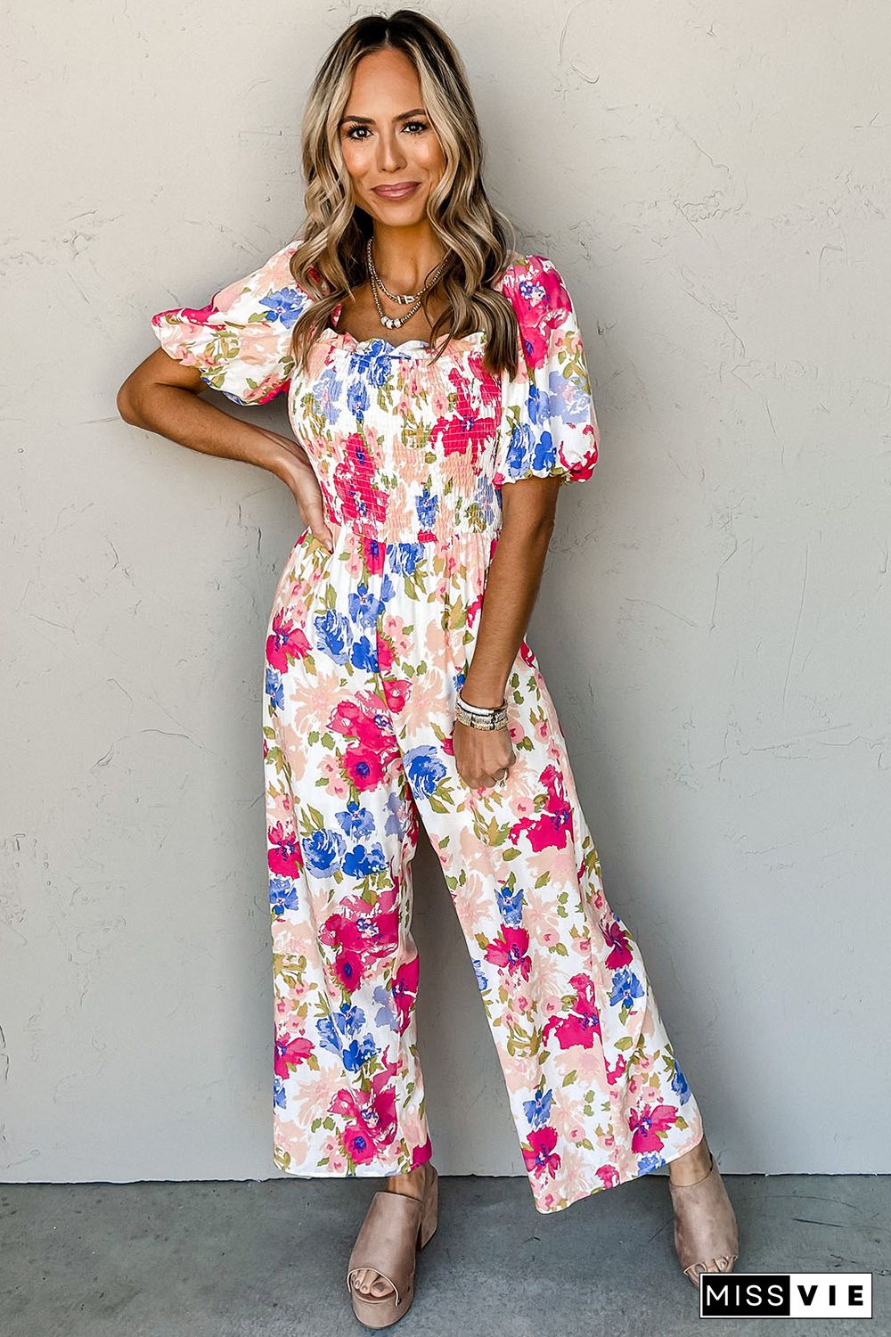 Multicolor Floral Print Smocked Puff Sleeve Jumpsuit