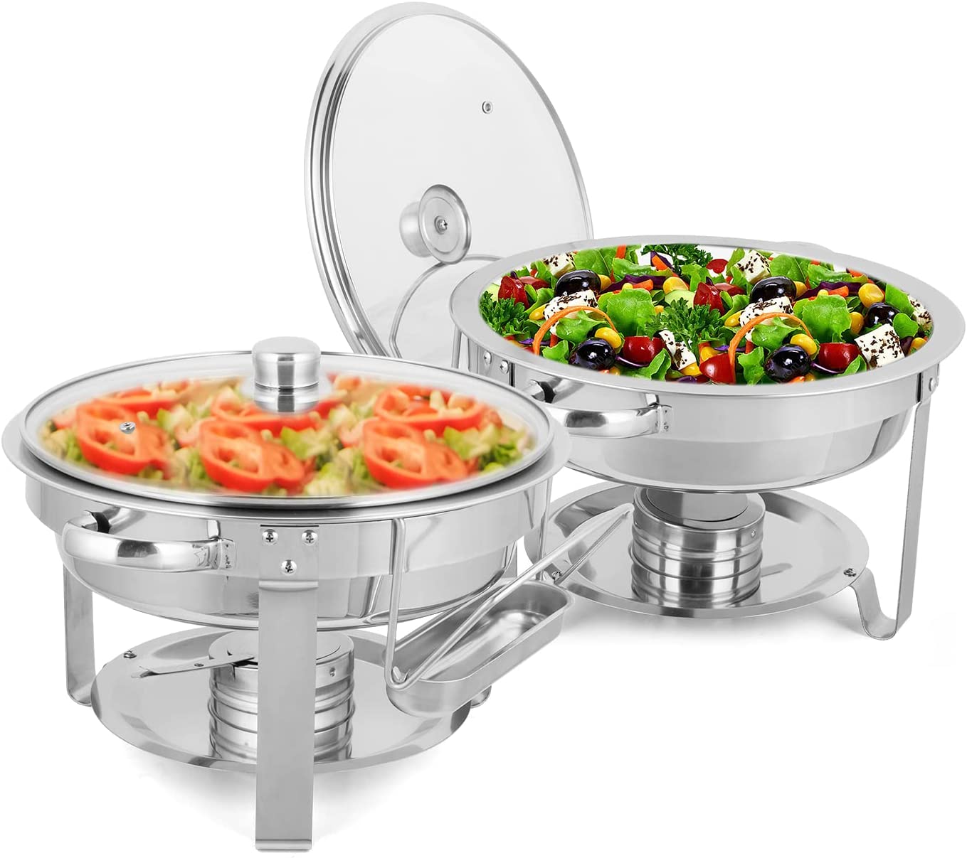 ROVSUN 5 Qt 2 Pack Round Chafing Dish Buffet Set with Glass Lid and Lid Holder