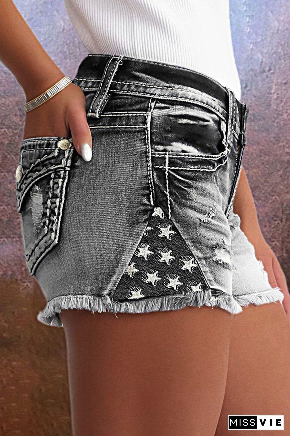 Star & Striped Embroidered Ripped Raw Hem Denim Shorts