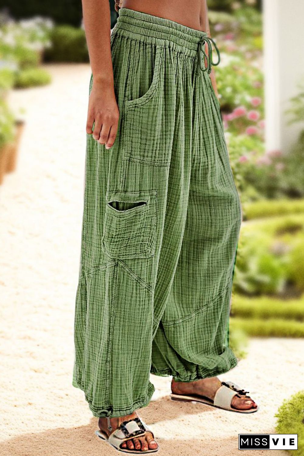 Solid Drawstring Hem Slant Pocket Mid Waist Wide Leg Pants