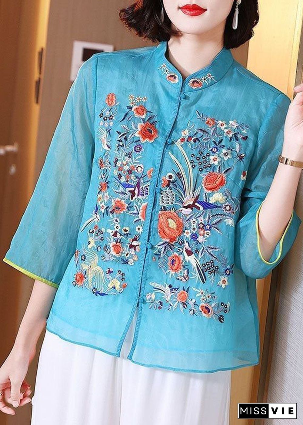 Chinese Style Blue Embroideried Patchwork Chiffon Blouse Tops Summer