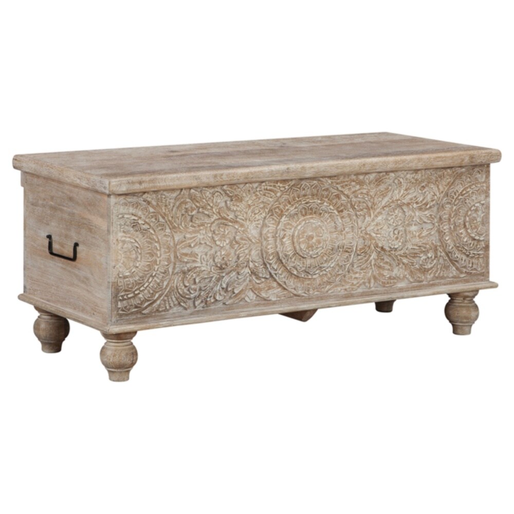 Fossil Ridge Antique White Carved Medallion Storage Bench